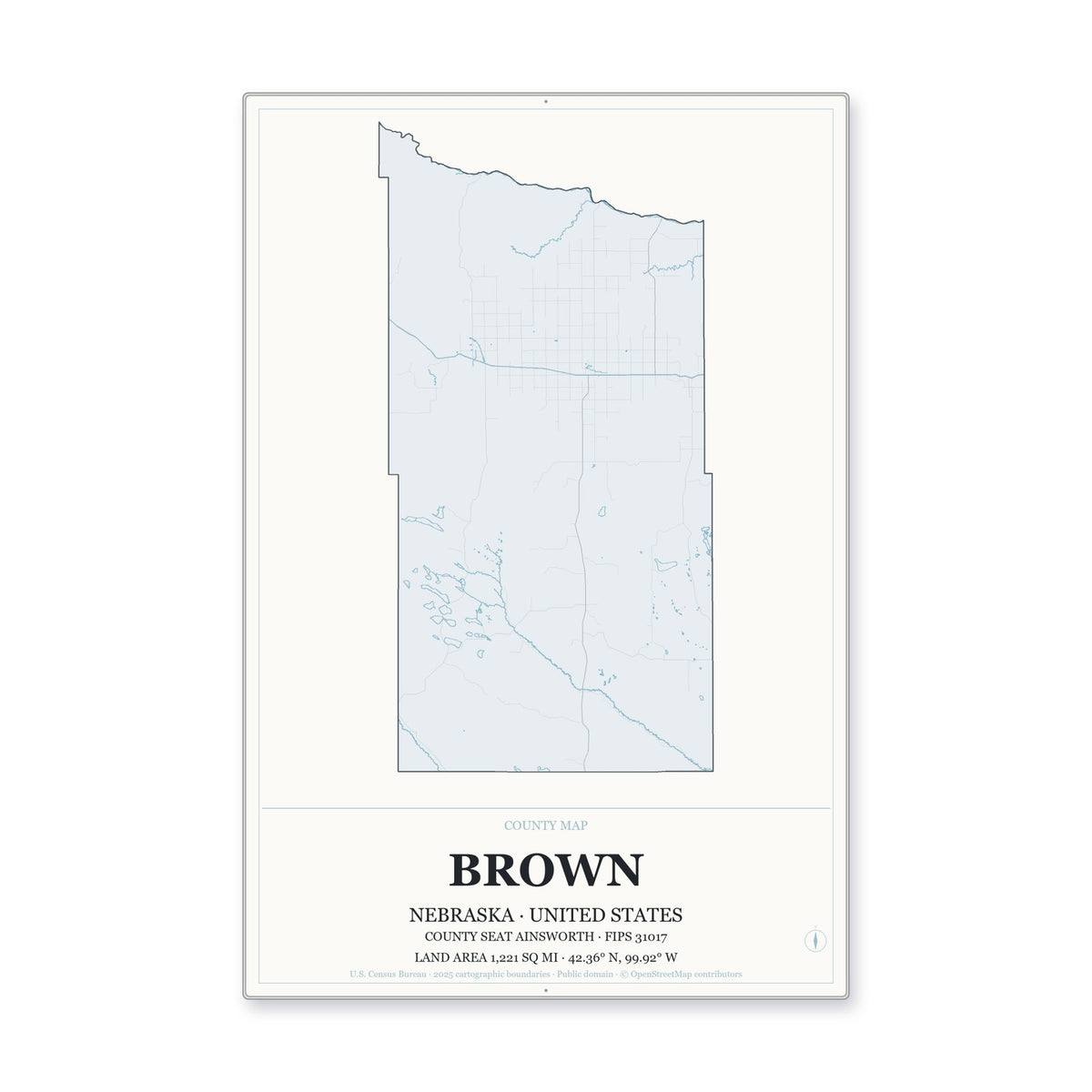 Brown County, Nebraska Map Aluminum Sign in Gallery Air style