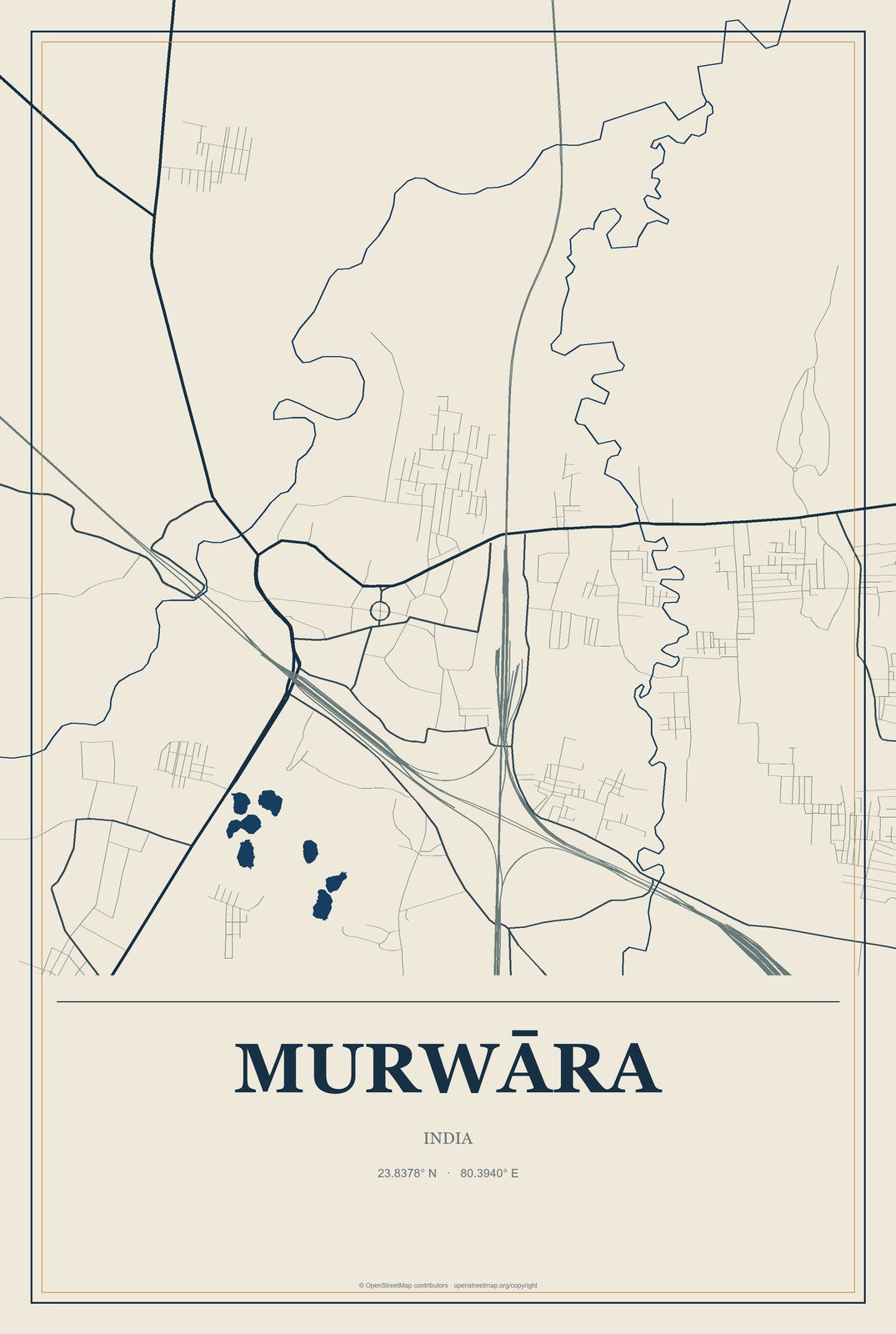 Murwāra, India City Map Aluminum Sign in Coastal Cutout style