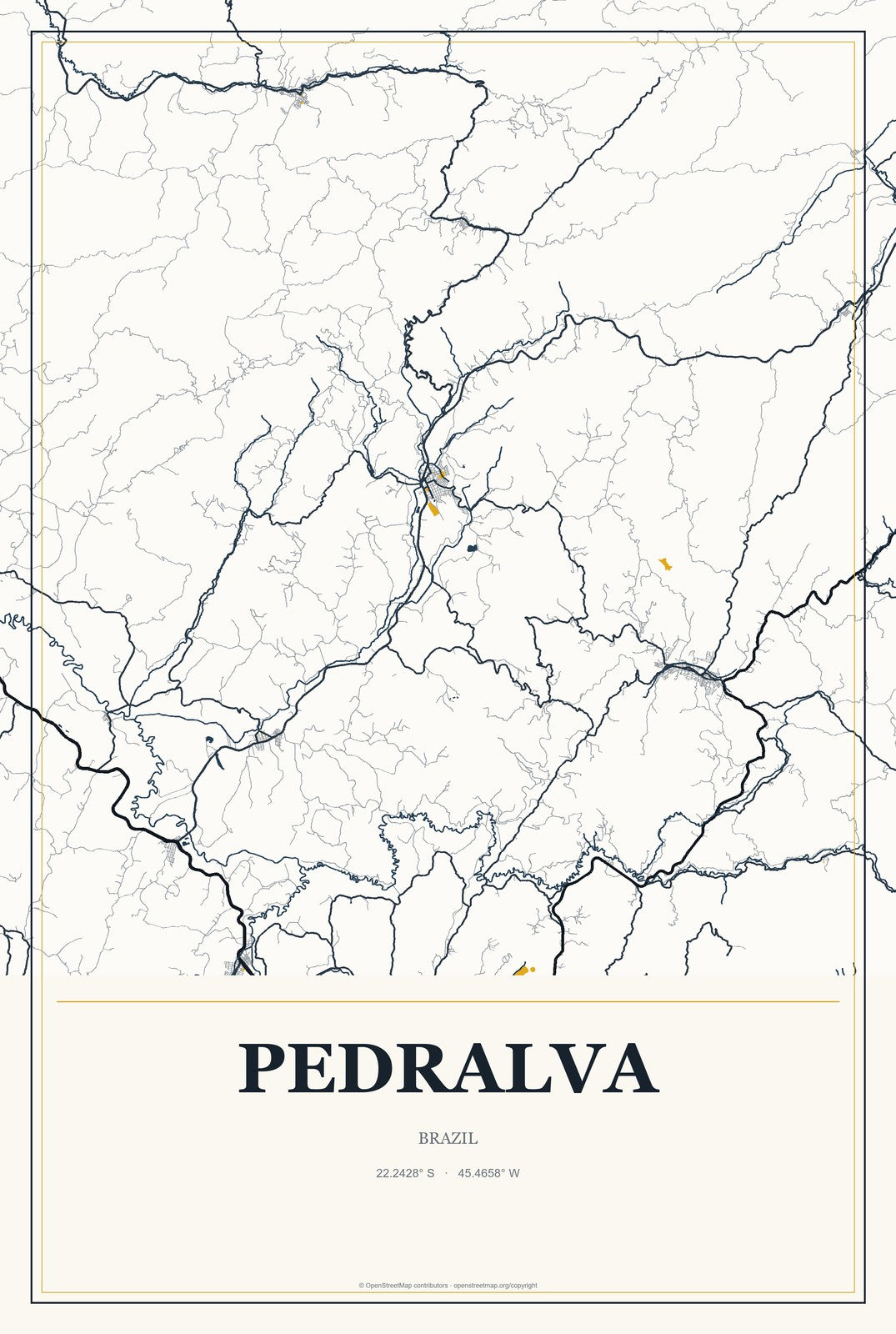 Pedralva, Brazil City Map Aluminum Sign in Citrine Modern style