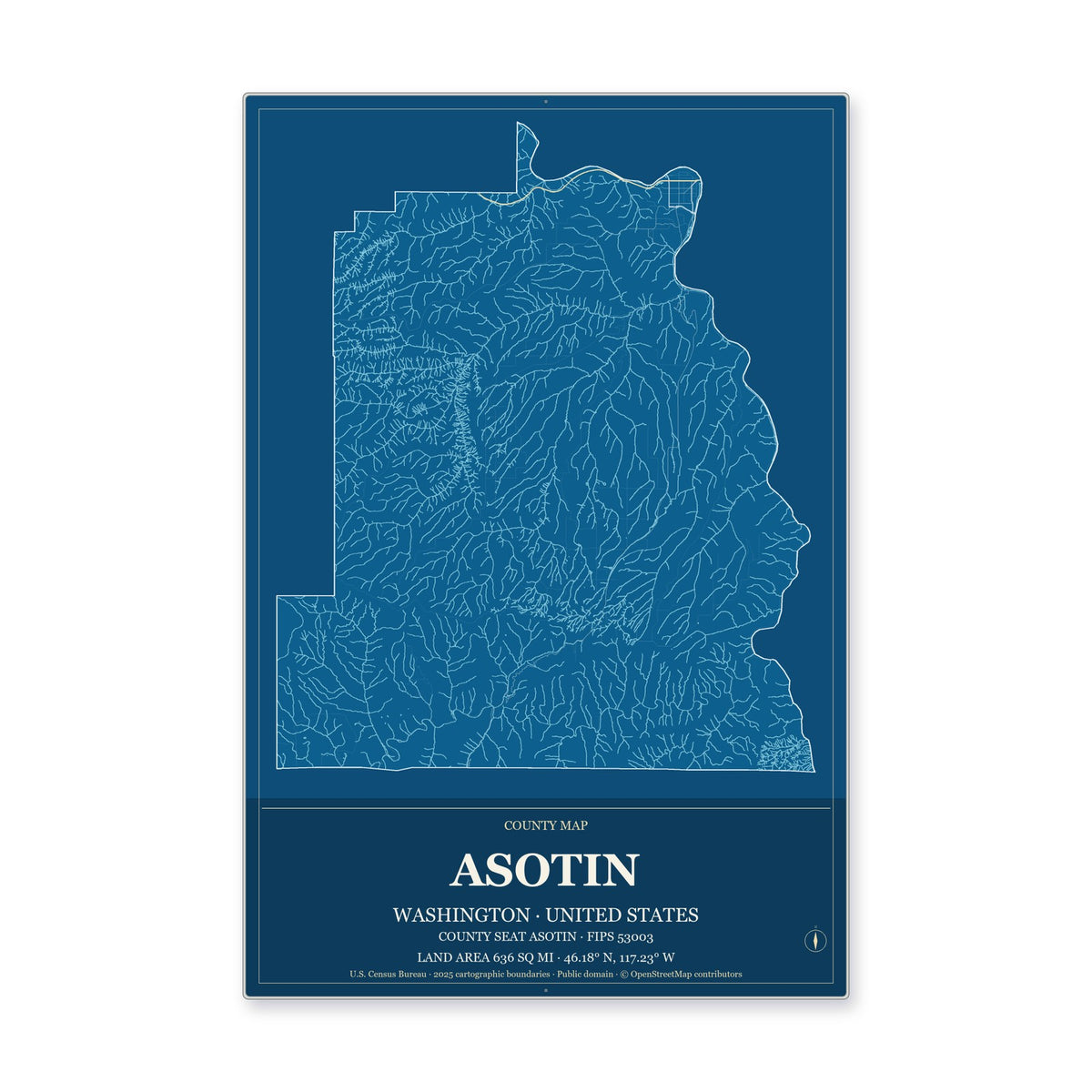Asotin County, Washington Map Aluminum Sign in Harbor Cobalt style