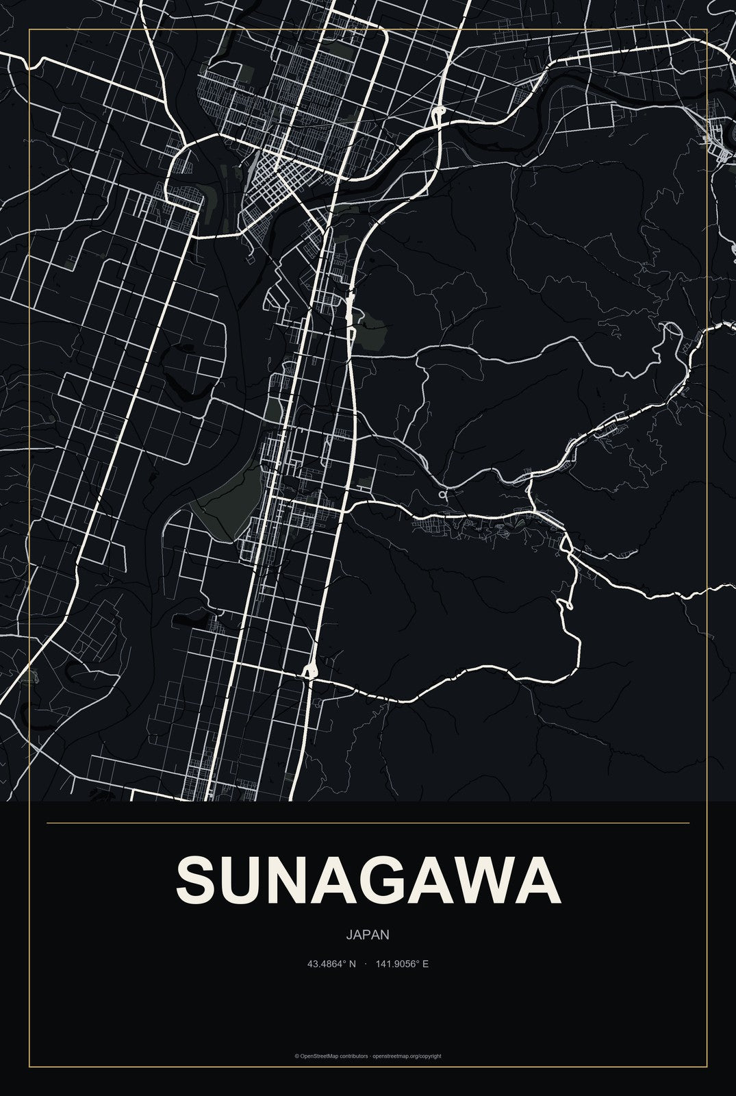Sunagawa, Japan City Map Aluminum Sign in Metropolitan Noir style