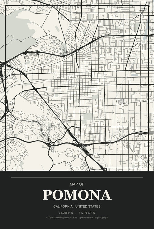 Pomona, California City Map Aluminum Sign in Museum Plaque style