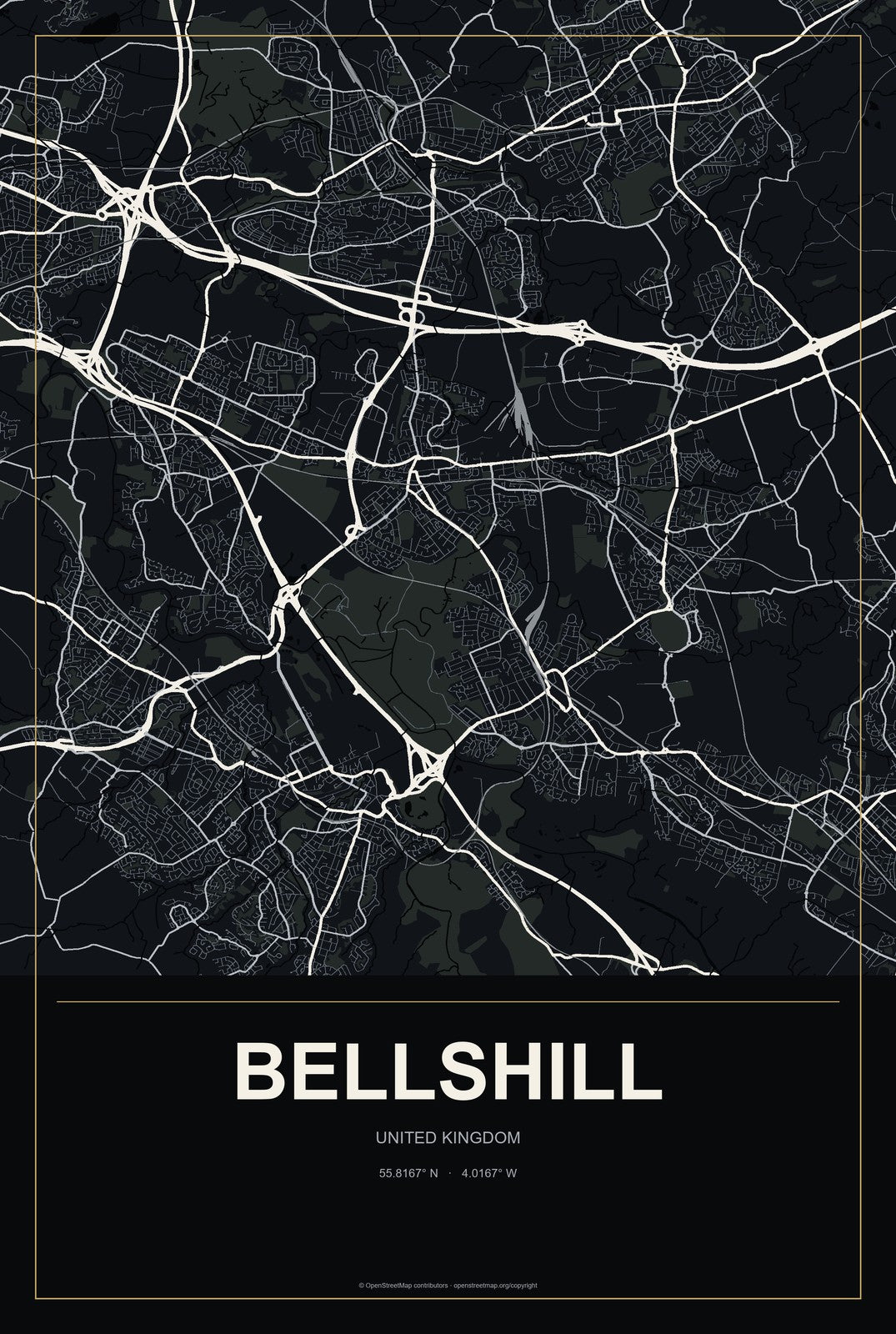 Bellshill, United Kingdom City Map Aluminum Sign in Metropolitan Noir style