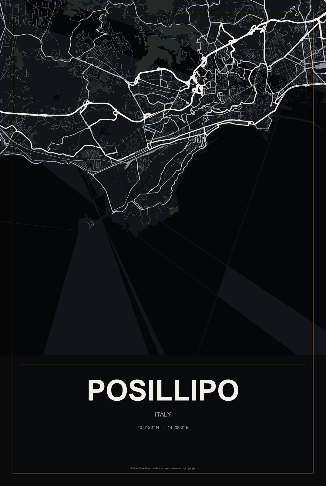 Posillipo, Italy City Map Aluminum Sign in Metropolitan Noir style