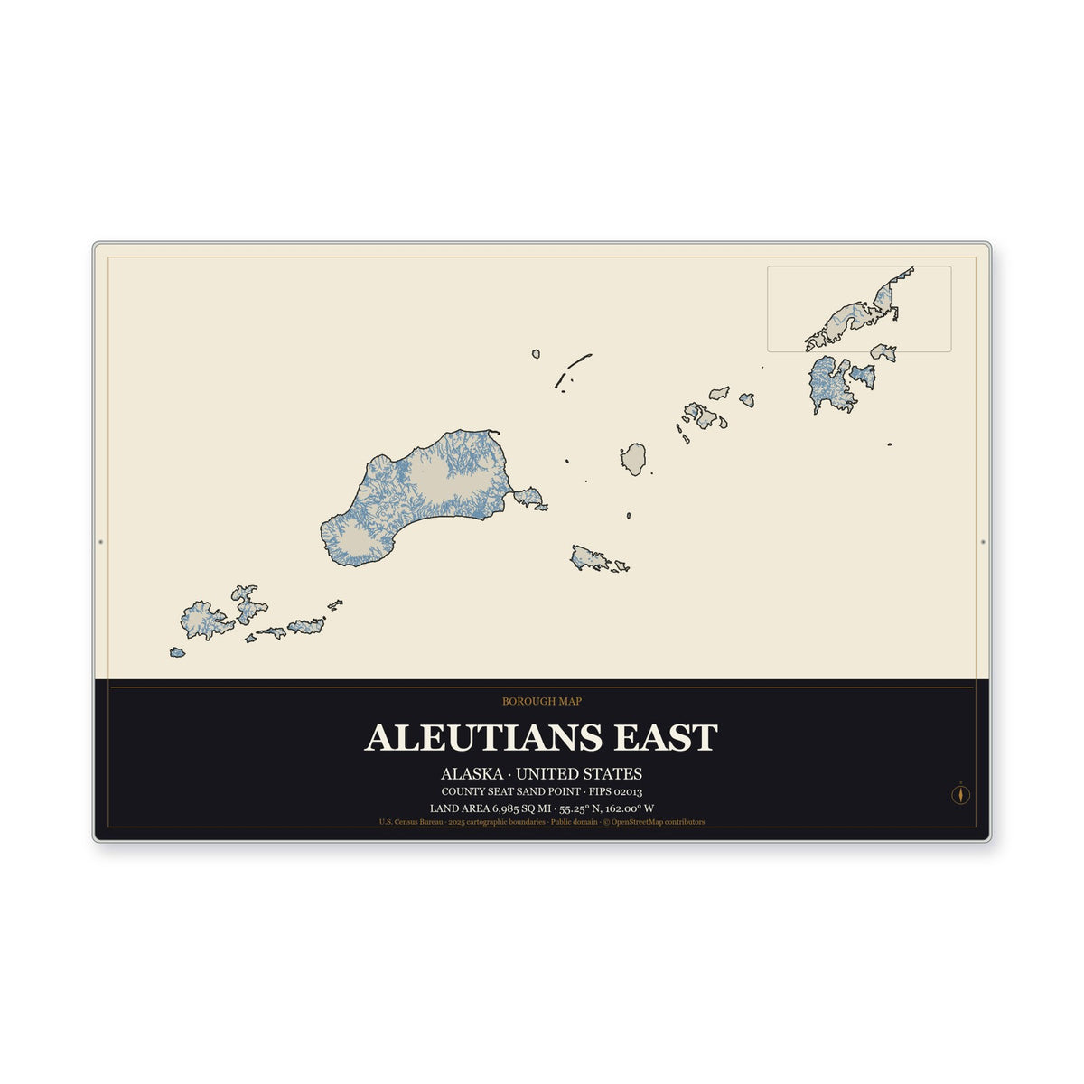 Aleutians East Borough, Alaska Map Aluminum Sign in Museum Plaque style