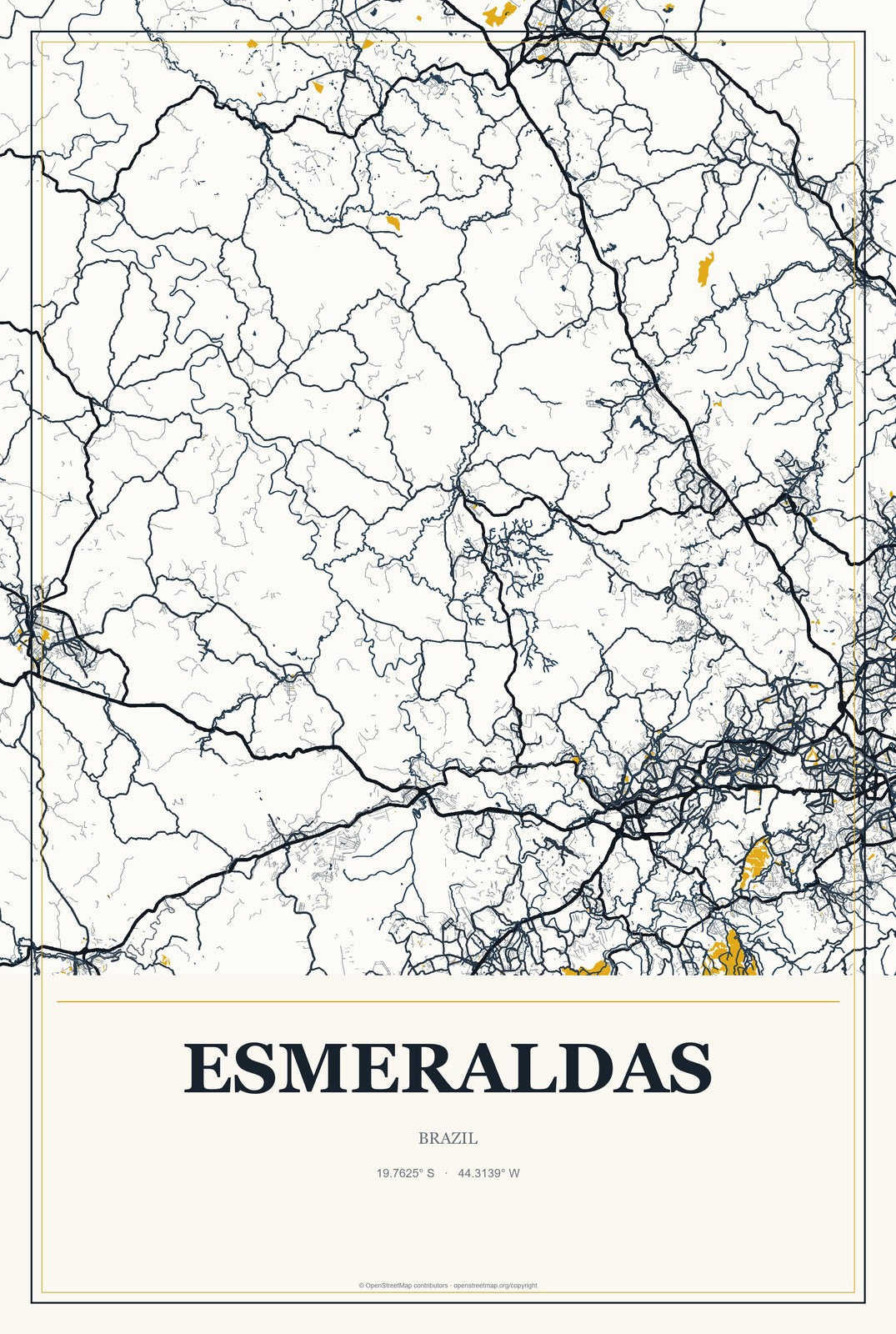 Esmeraldas, Brazil City Map Aluminum Sign in Citrine Modern style