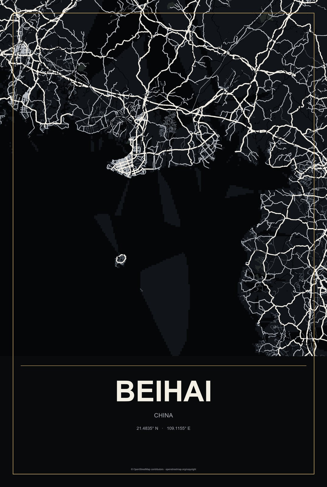 Beihai, Yunnan, China City Map Aluminum Sign in Metropolitan Noir style