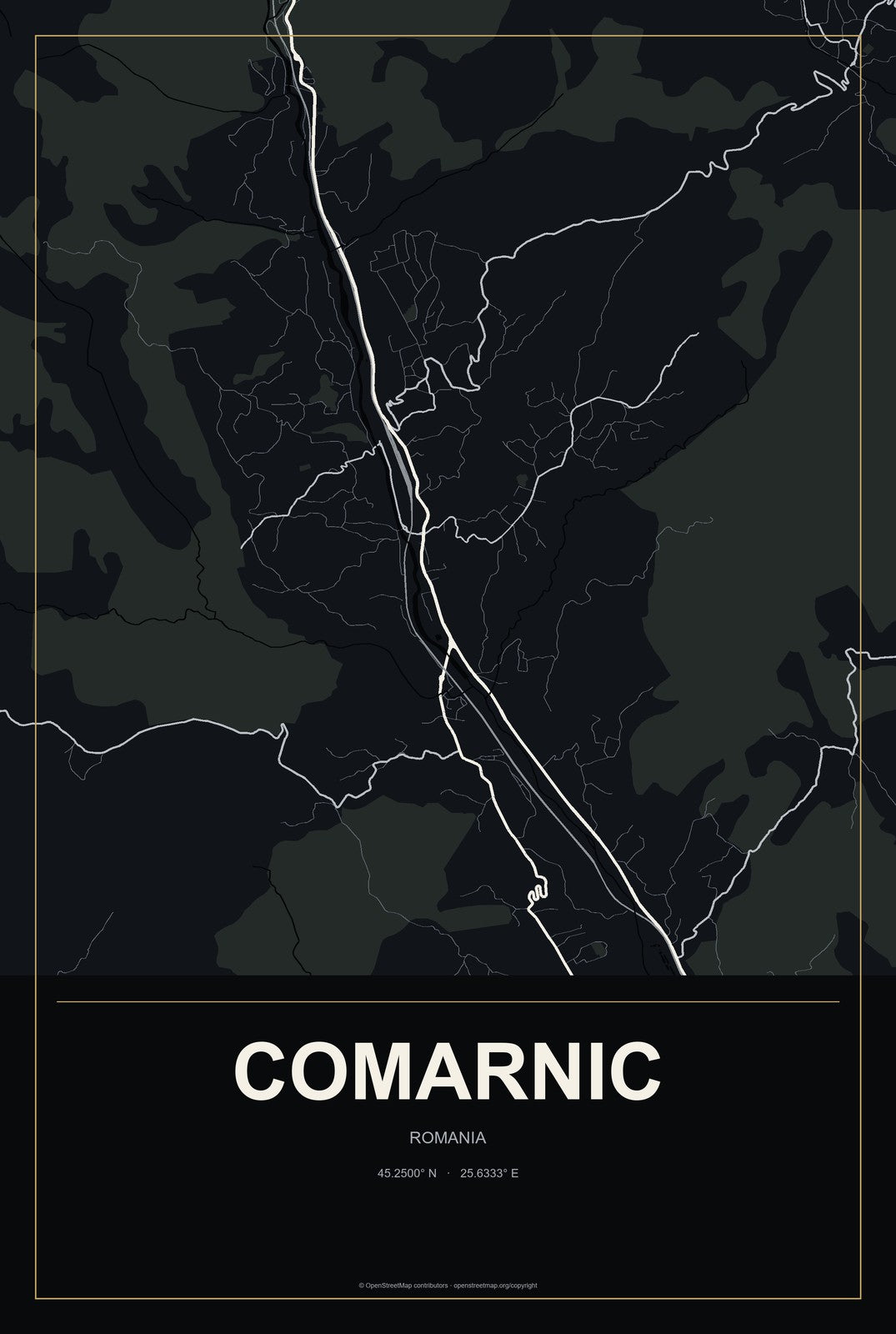 Comarnic, Romania City Map Aluminum Sign in Metropolitan Noir style