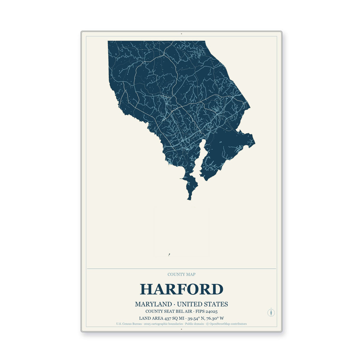 Harford County, Maryland Map Aluminum Sign in Coastal Cutout style