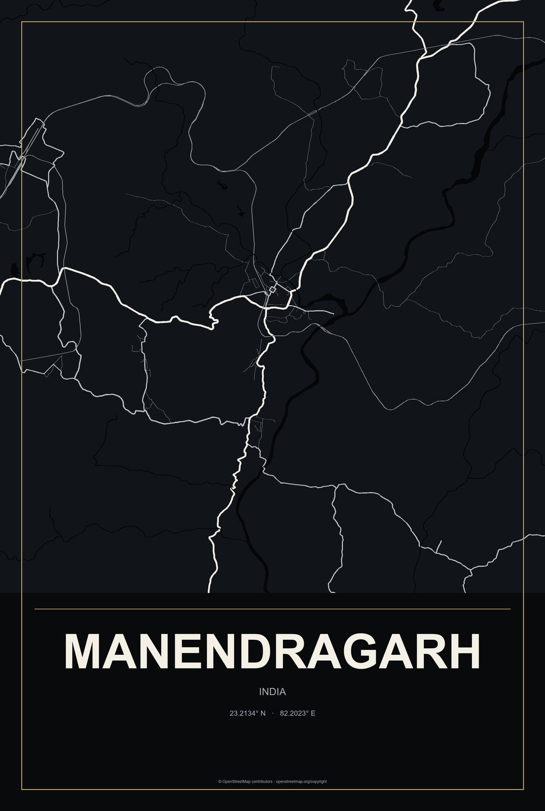 Manendragarh, India City Map Aluminum Sign in Metropolitan Noir style