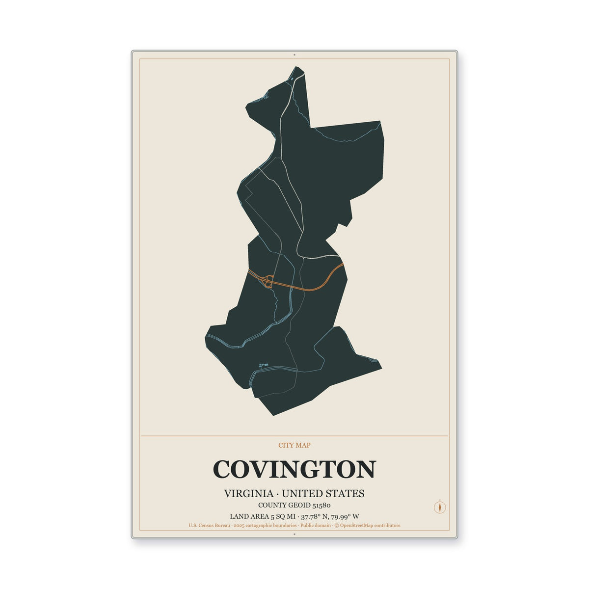 Covington city, Virginia Map Aluminum Sign in Headline Atlas style