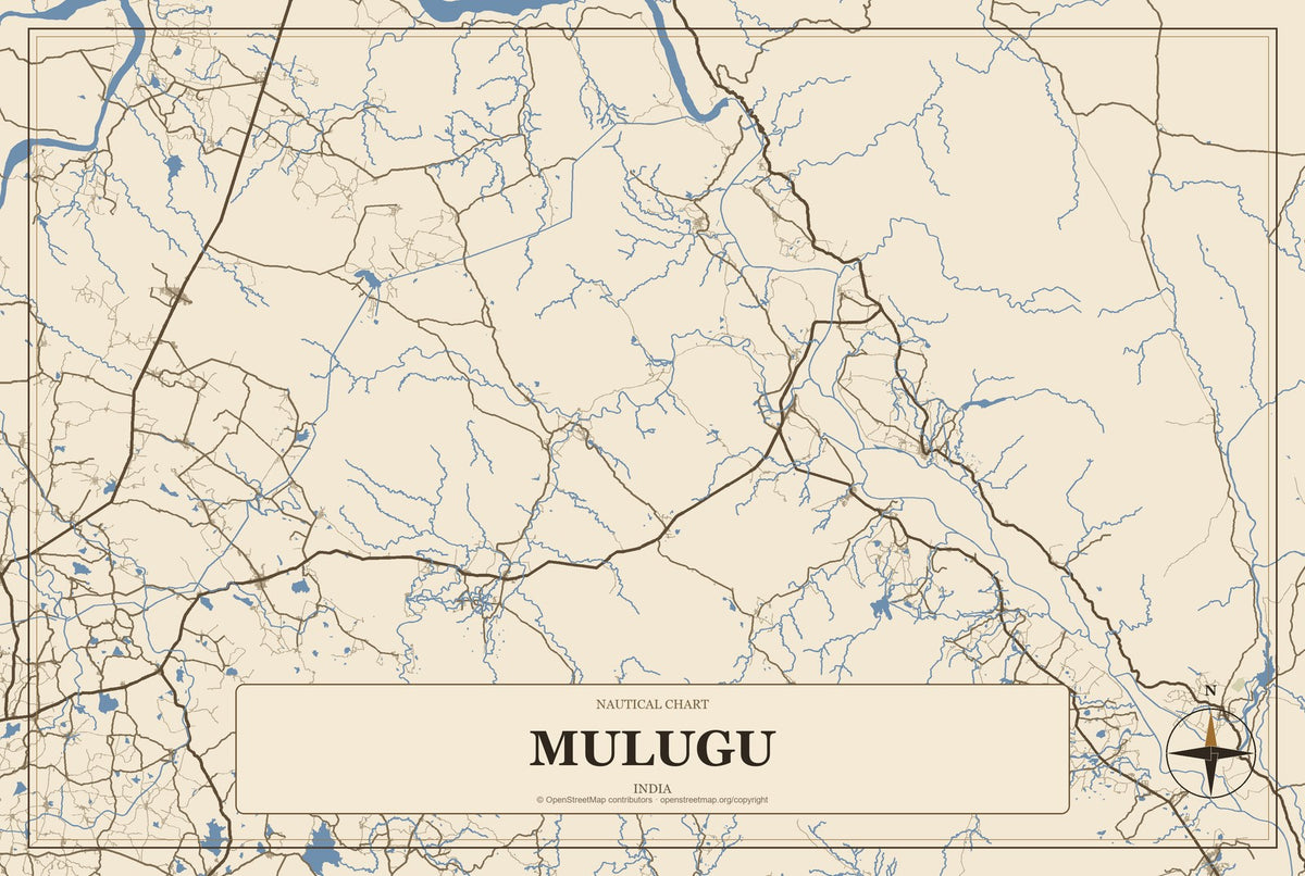 Mulugu, India City Map Aluminum Sign in Heritage Nautical style
