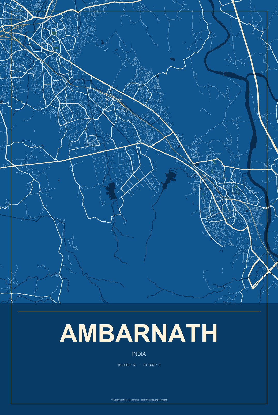Ambarnath, India City Map Aluminum Sign in Harbor Cobalt style