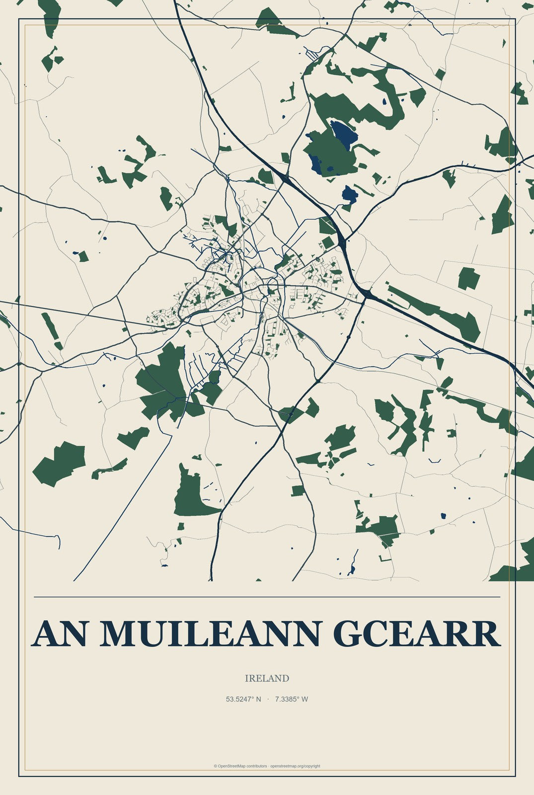 An Muileann gCearr, Ireland City Map Aluminum Sign in Coastal Cutout style