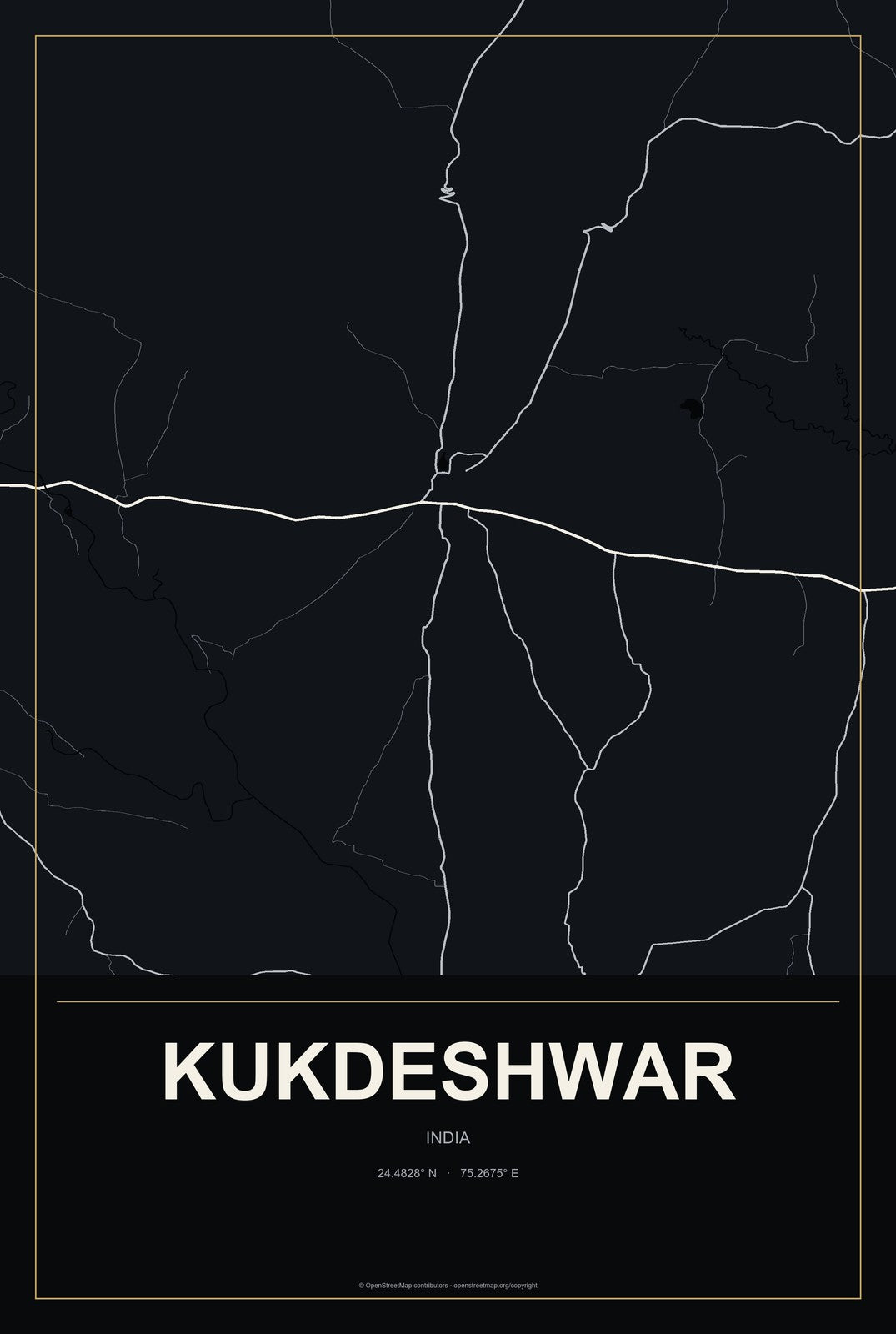 Kukdeshwar, India City Map Aluminum Sign in Metropolitan Noir style