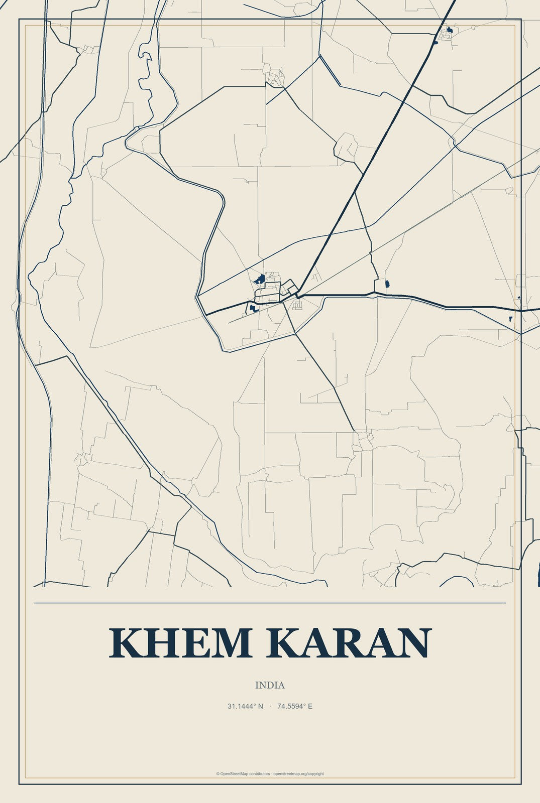 Khem Karan, India City Map Aluminum Sign in Coastal Cutout style