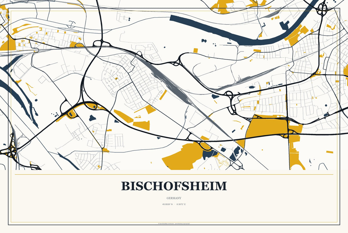 Bischofsheim, Germany City Map Aluminum Sign in Citrine Modern style