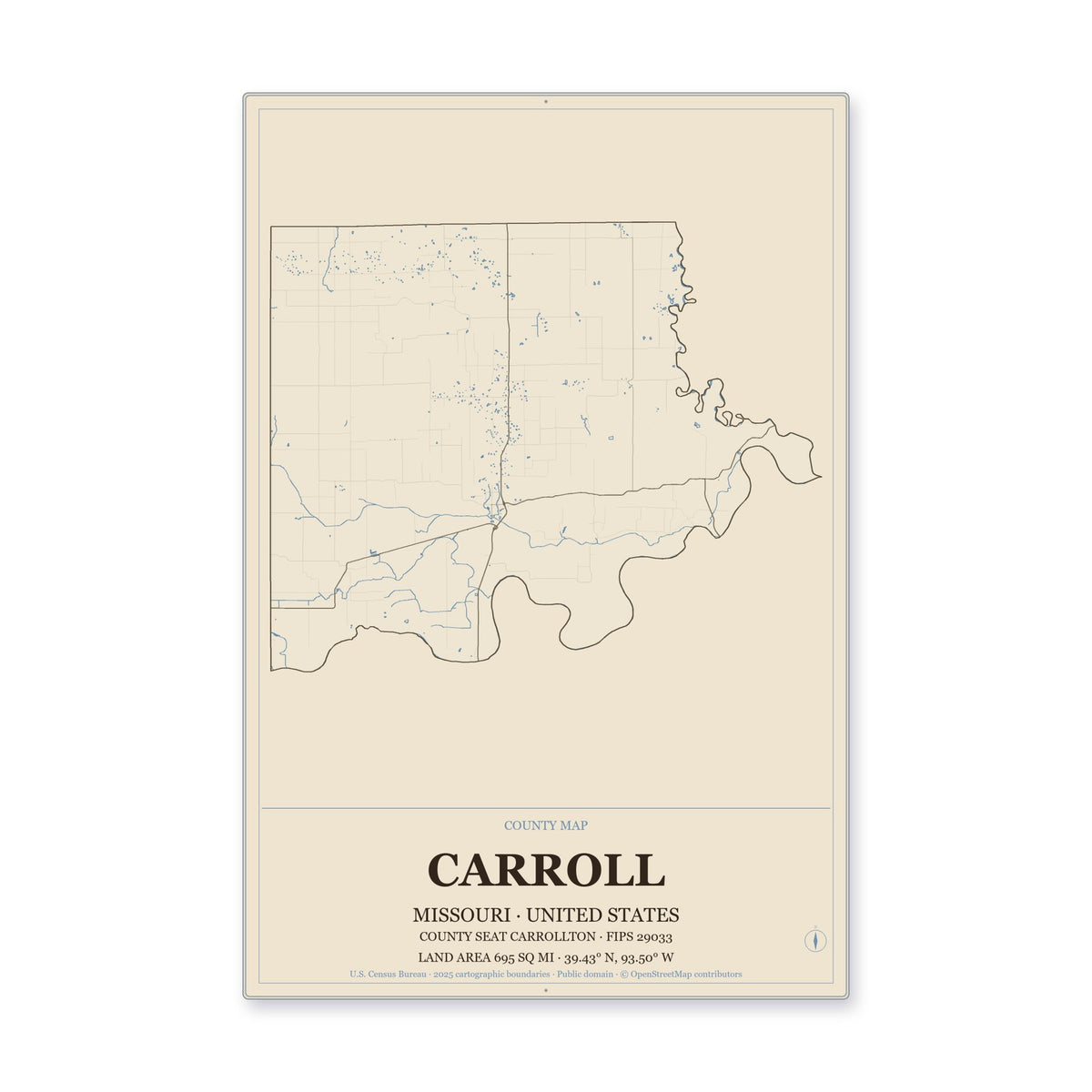 Carroll County, Missouri Map Aluminum Sign in Heritage Nautical style