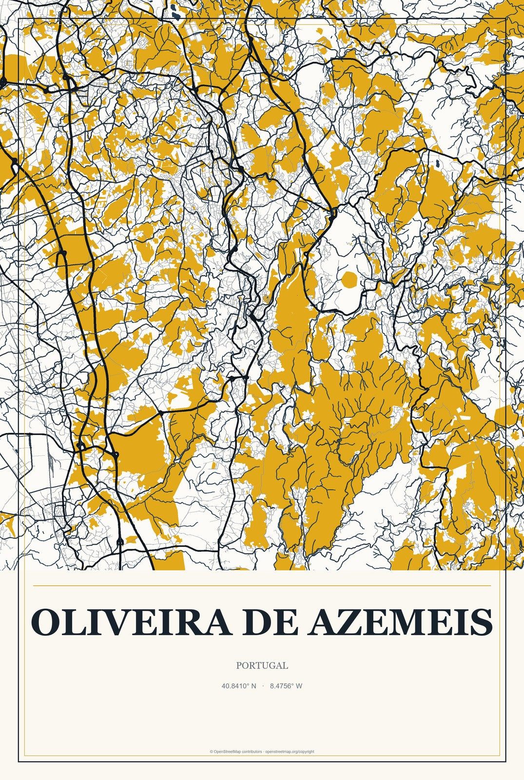 Oliveira de Azemeis, Portugal City Map Aluminum Sign in Citrine Modern style