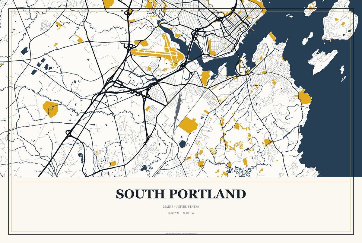 South Portland, Maine City Map Aluminum Sign in Citrine Modern style
