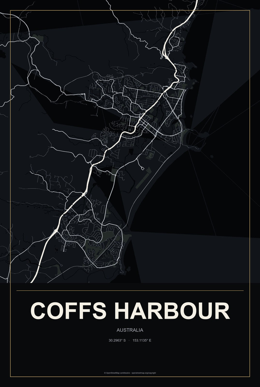 Coffs Harbour, Australia City Map Aluminum Sign in Metropolitan Noir style