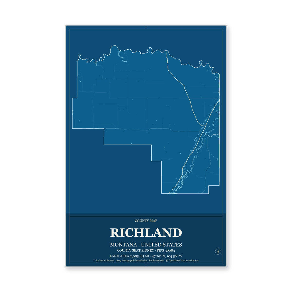 Richland County, Montana Map Aluminum Sign in Harbor Cobalt style