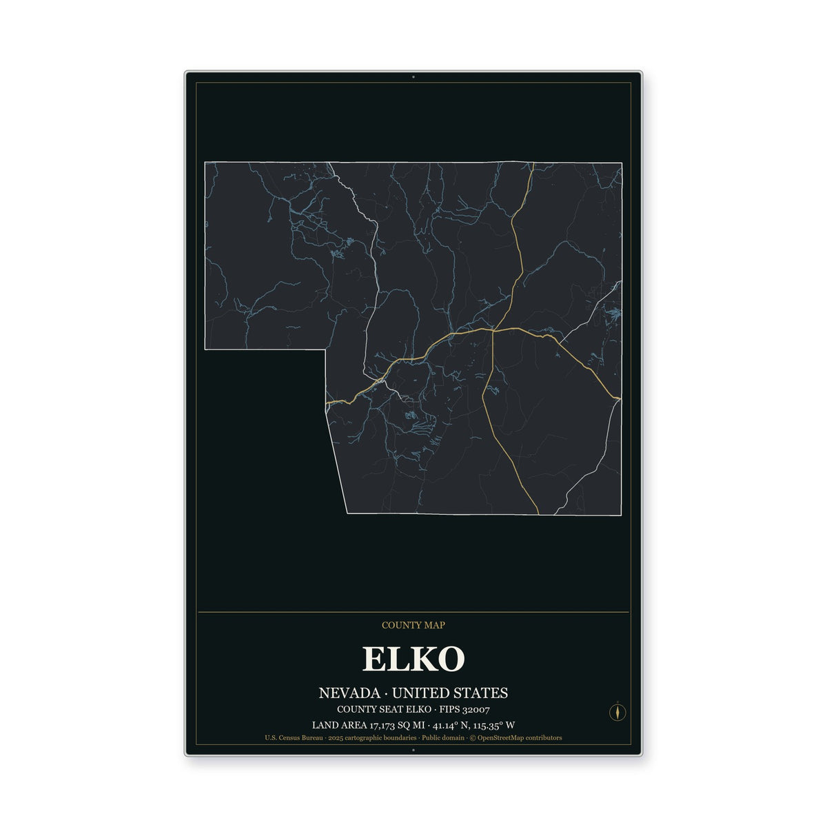 Elko County, Nevada Map Aluminum Sign in Metropolitan Noir style