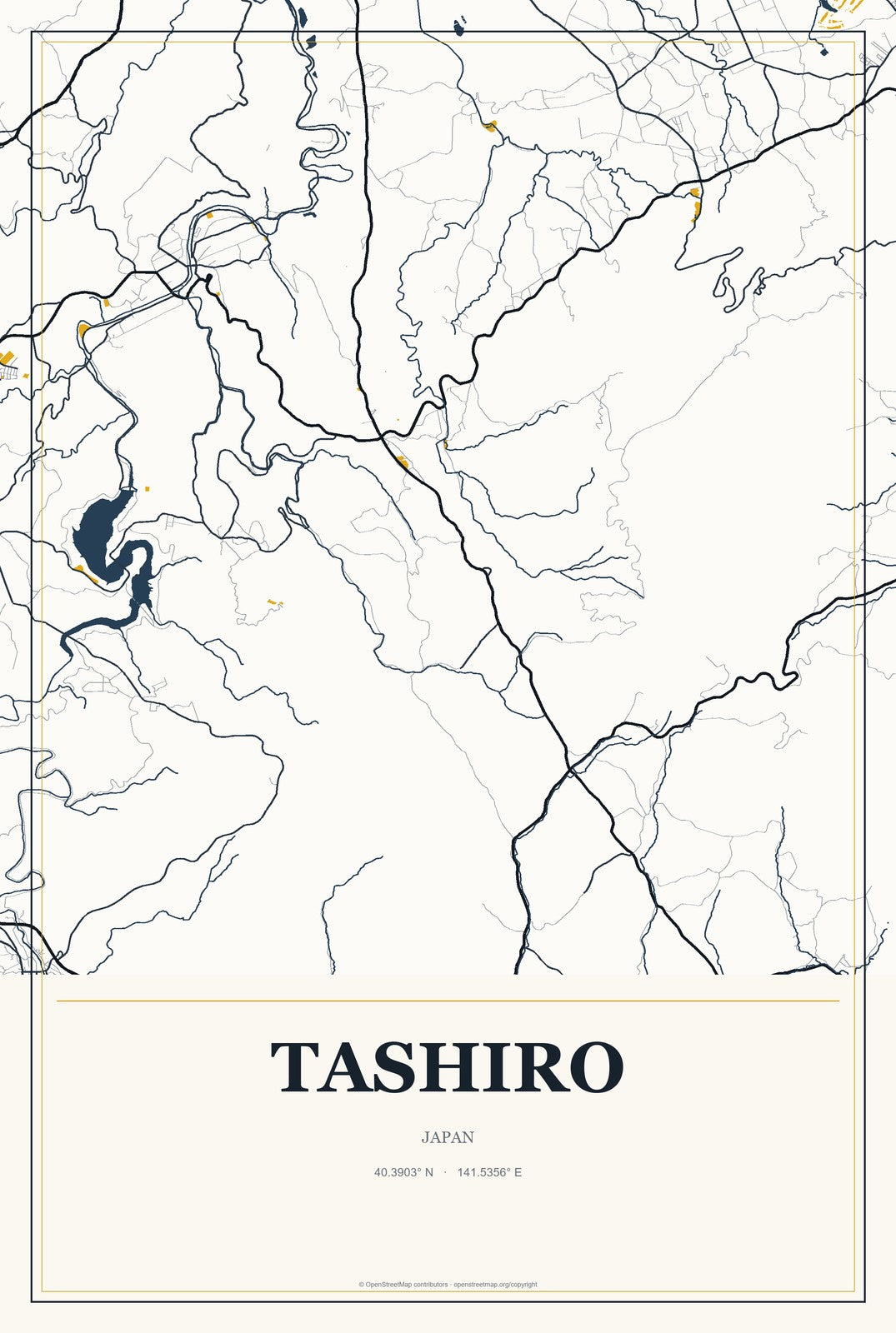 Tashiro, Japan City Map Aluminum Sign in Citrine Modern style