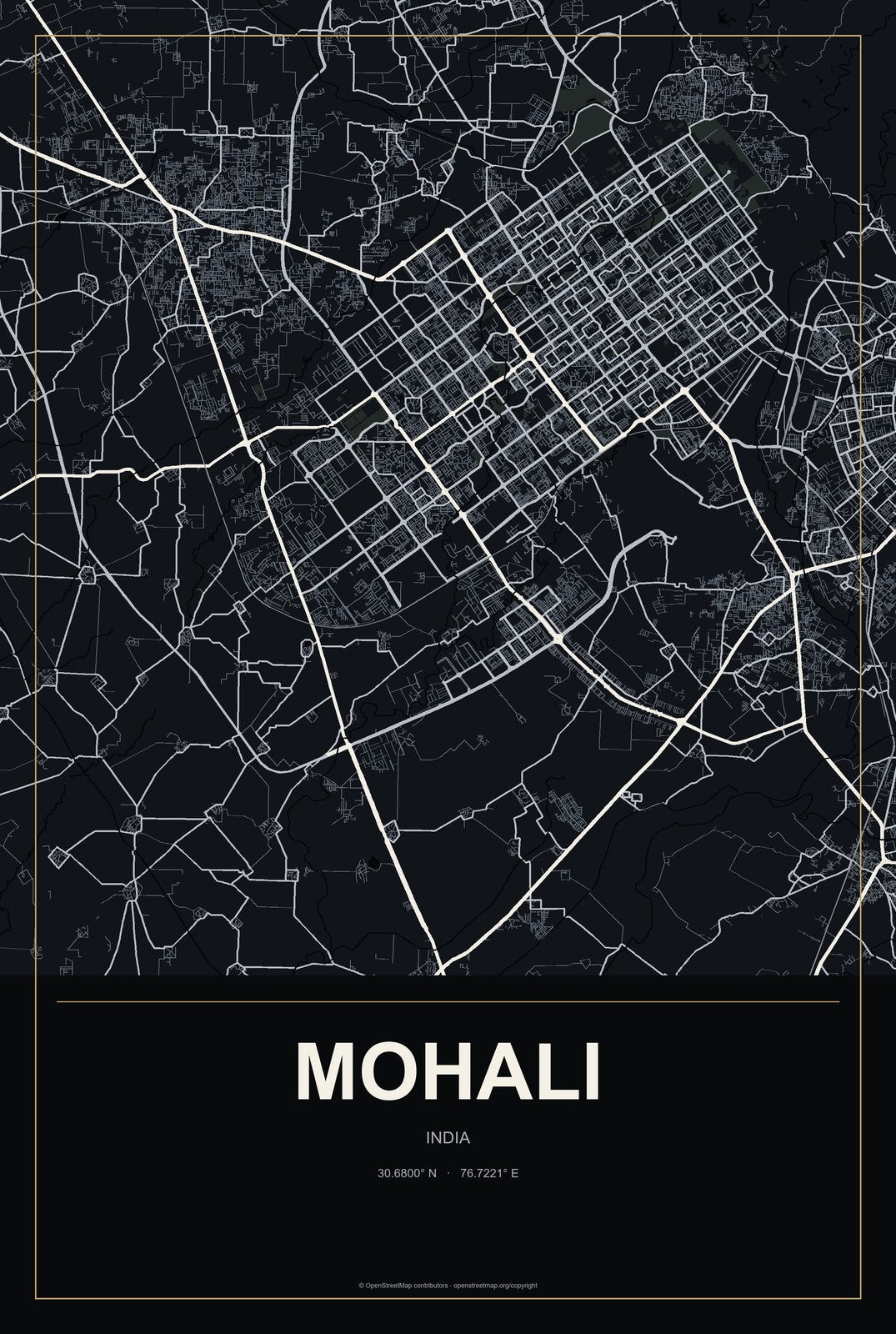 Mohali, India City Map Aluminum Sign in Metropolitan Noir style