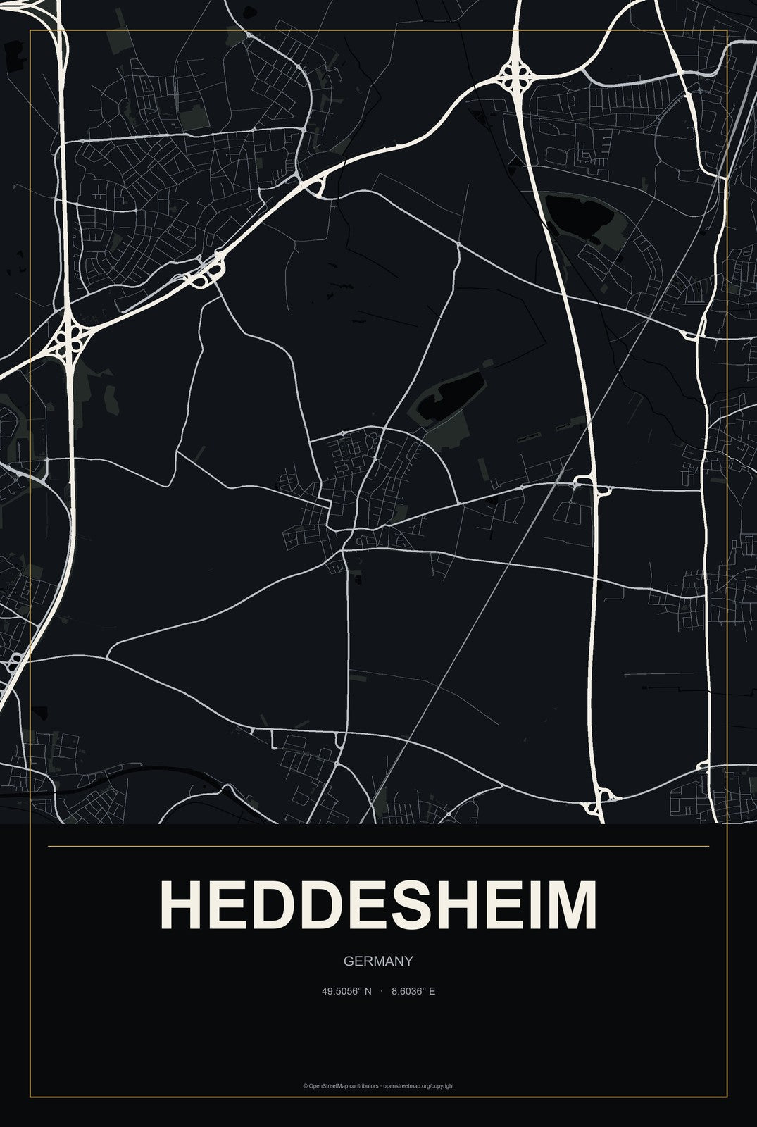 Heddesheim, Germany City Map Aluminum Sign in Metropolitan Noir style