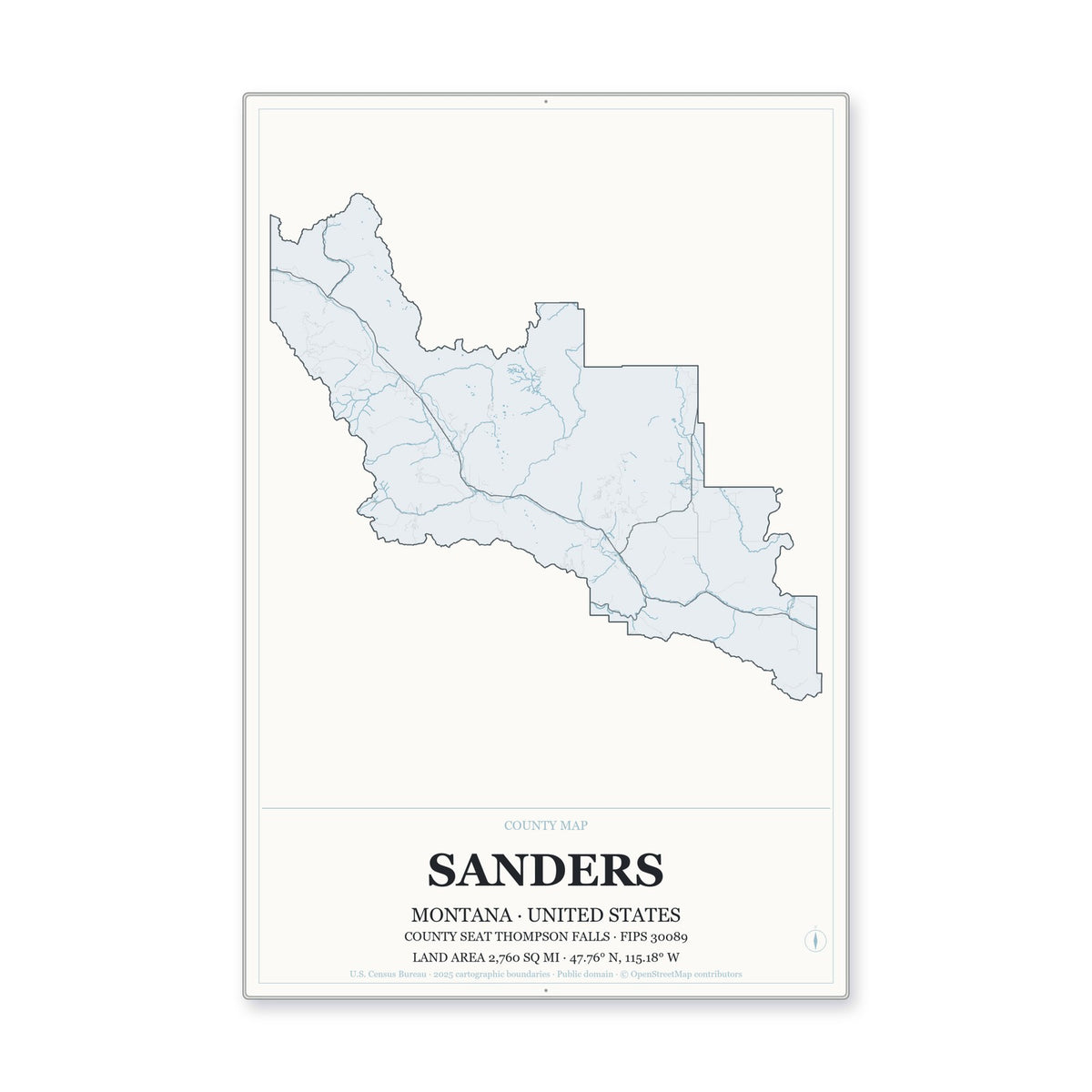 Sanders County, Montana Map Aluminum Sign in Gallery Air style