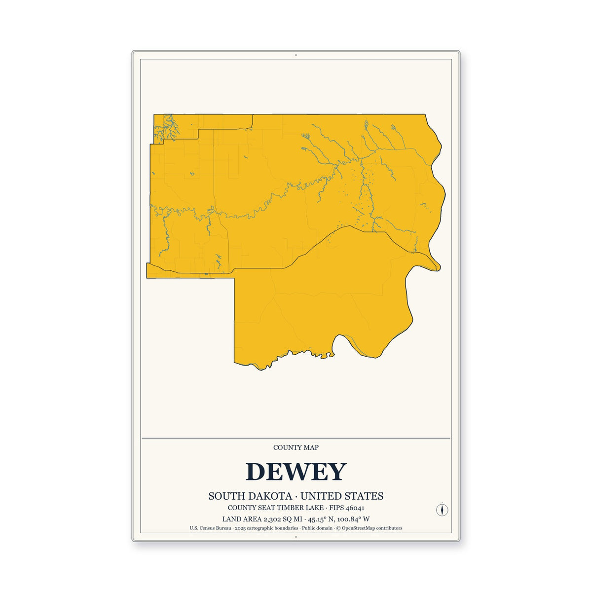 Dewey County, South Dakota Map Aluminum Sign in Citrine Modern style