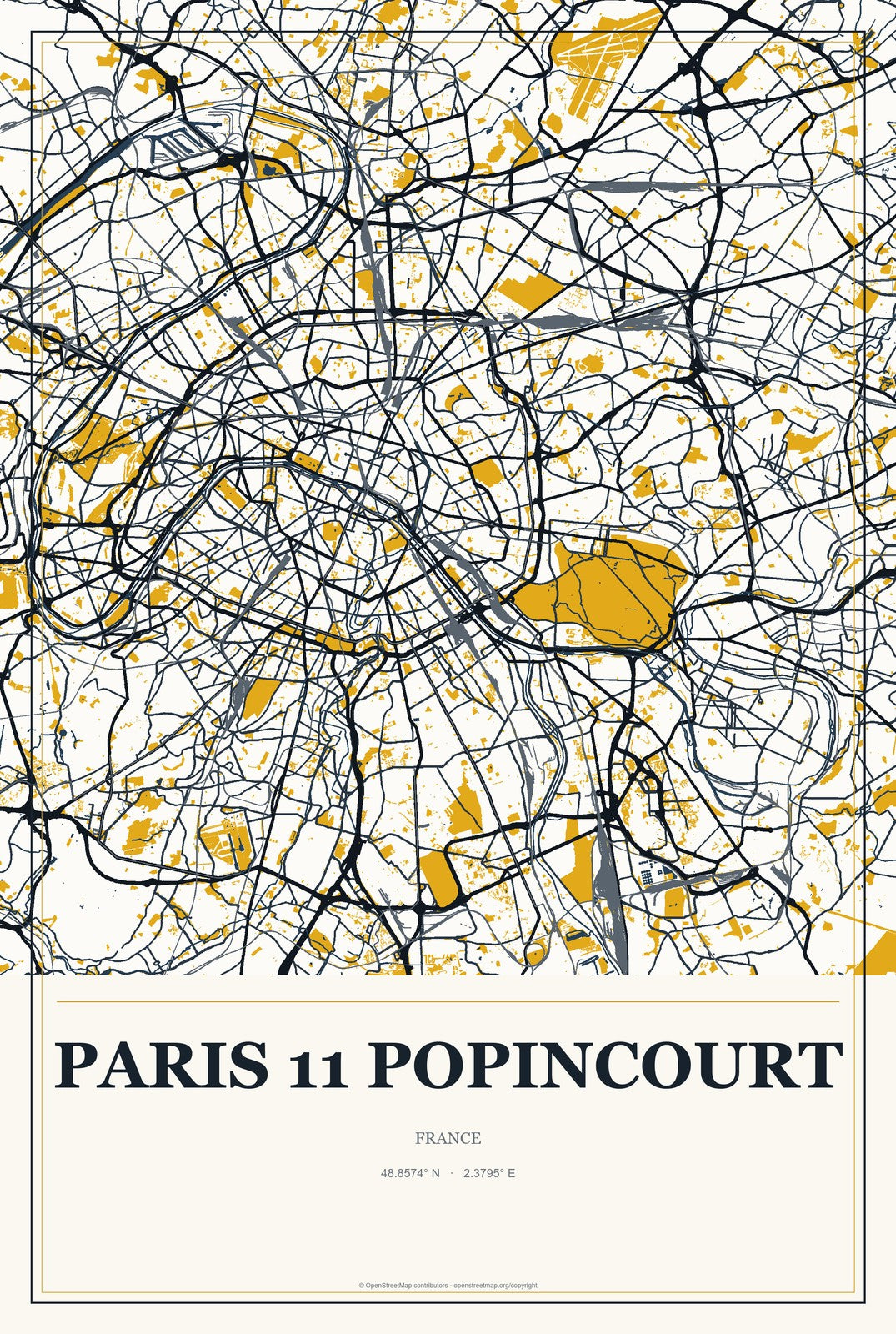 Paris 11 Popincourt, France City Map Aluminum Sign in Citrine Modern style