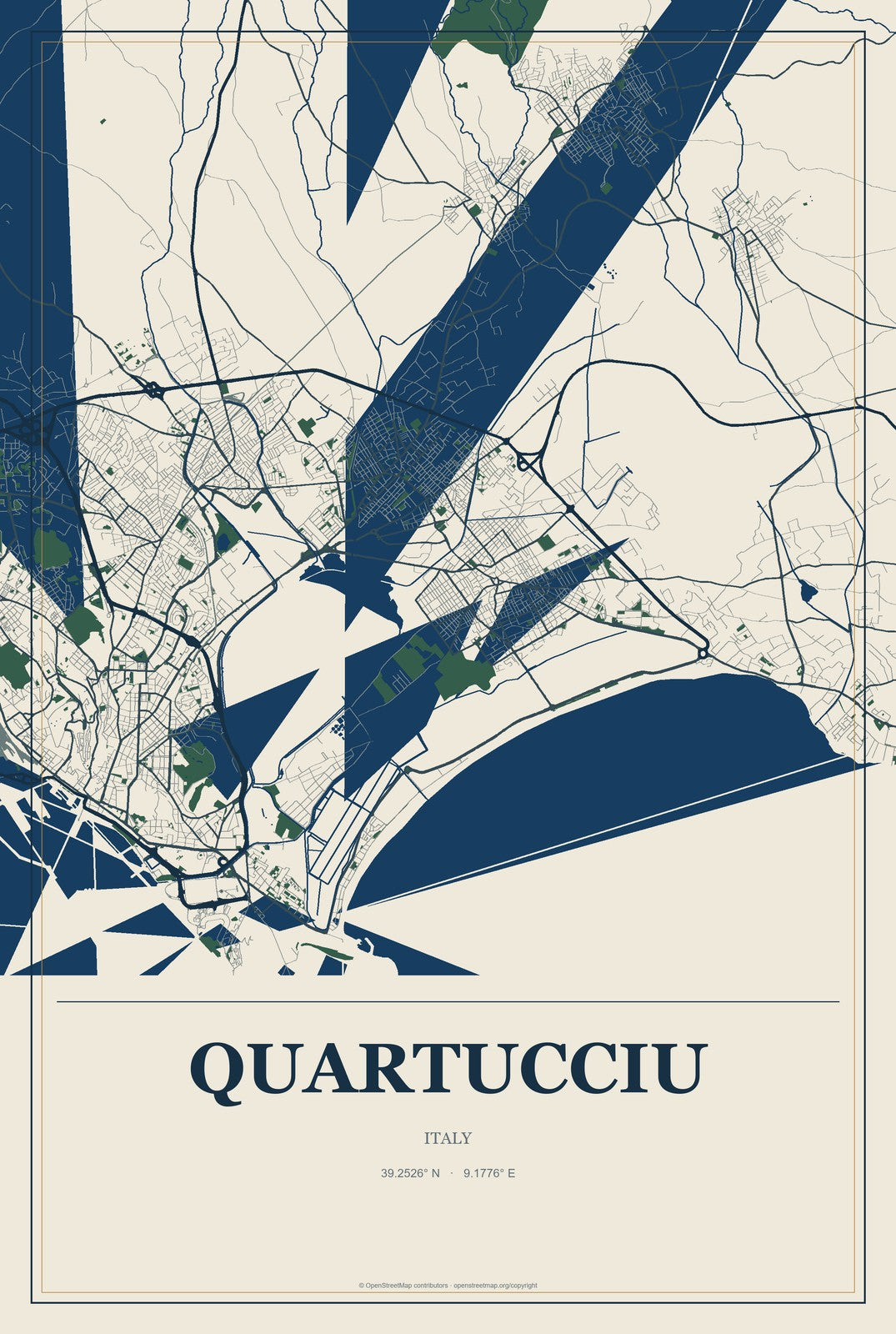 Quartucciu, Italy City Map Aluminum Sign in Coastal Cutout style