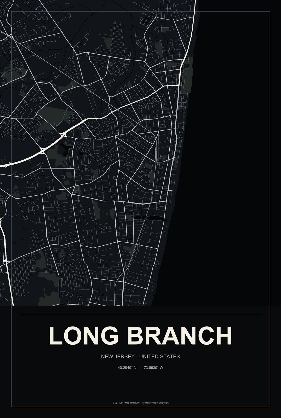 Long Branch, New Jersey City Map Aluminum Sign in Metropolitan Noir style