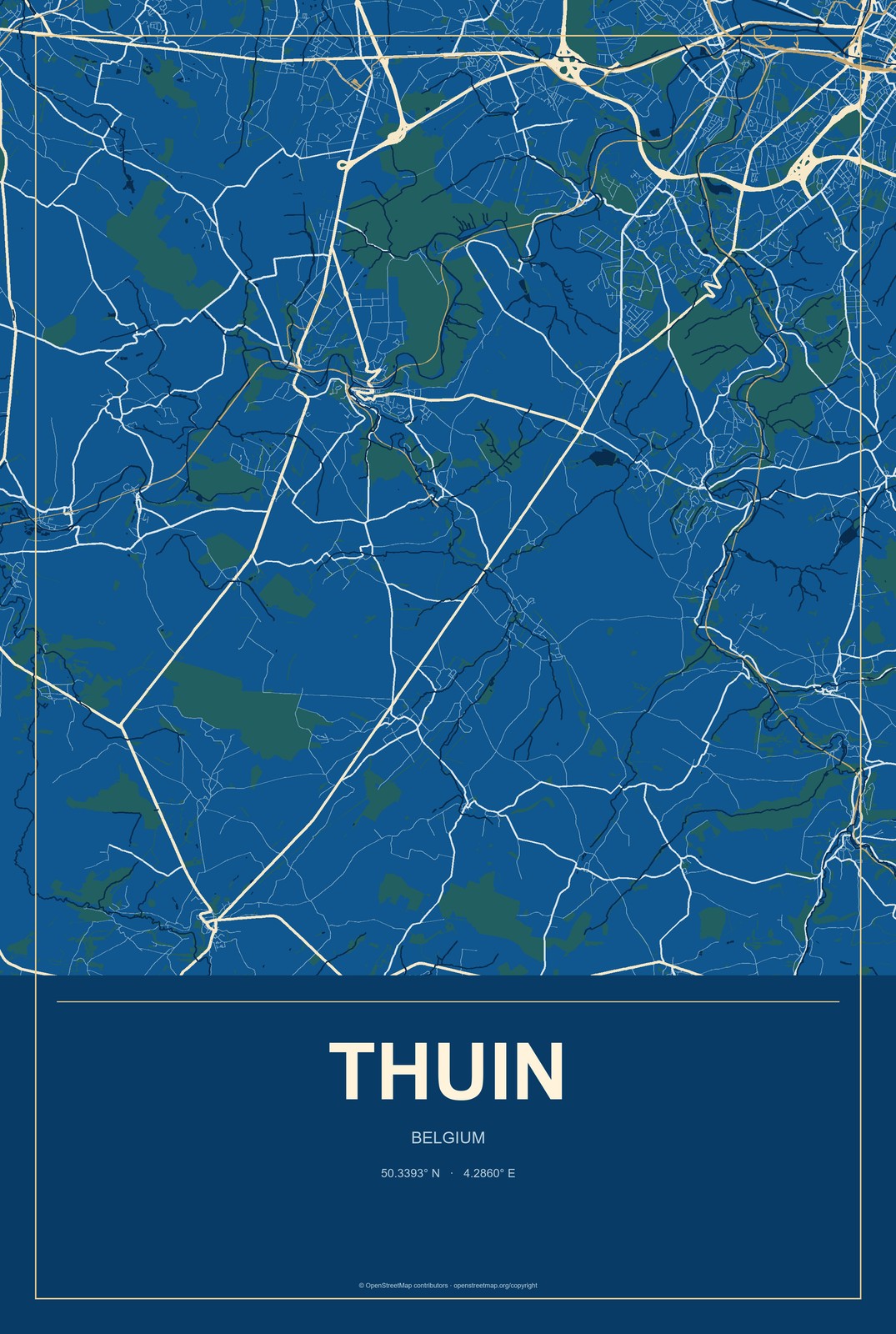 Thuin, Belgium City Map Aluminum Sign in Harbor Cobalt style
