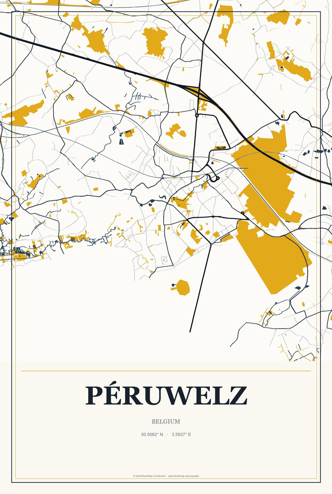 Péruwelz, Belgium City Map Aluminum Sign in Citrine Modern style