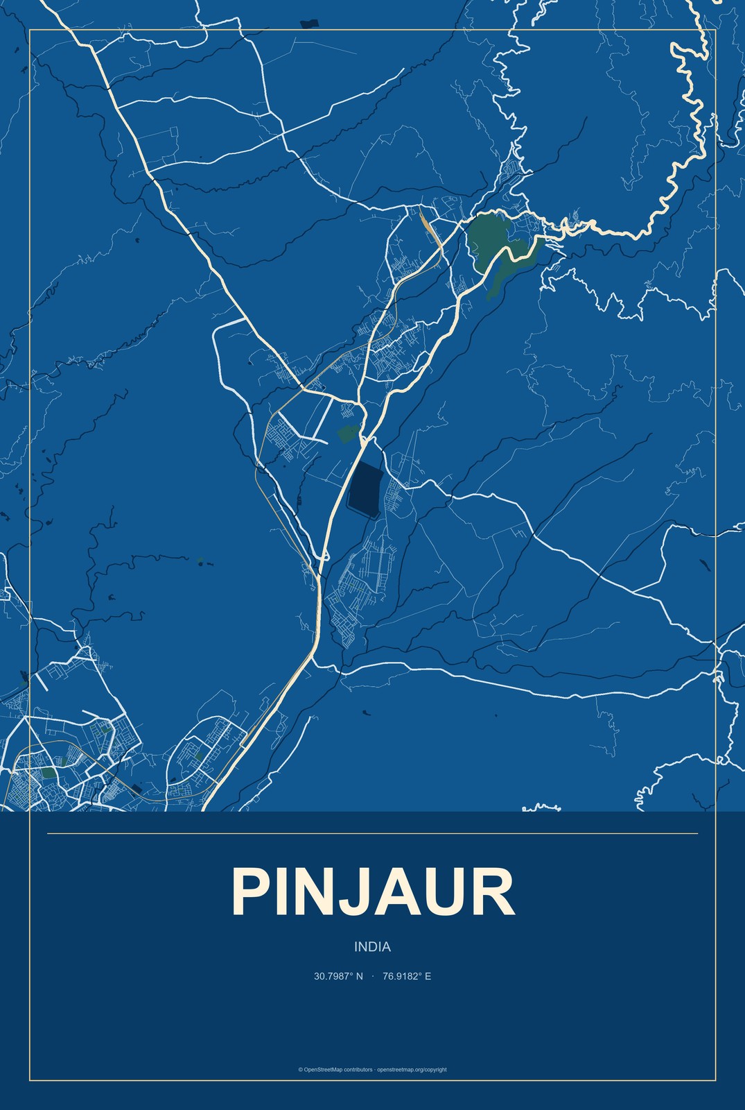 Pinjaur, India City Map Aluminum Sign in Harbor Cobalt style