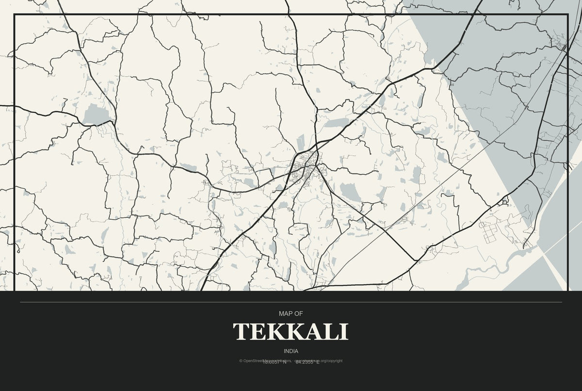 Tekkali, India City Map Aluminum Sign in Museum Plaque style