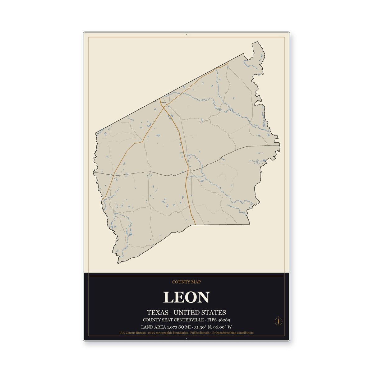 Leon County, Texas Map Aluminum Sign in Museum Plaque style
