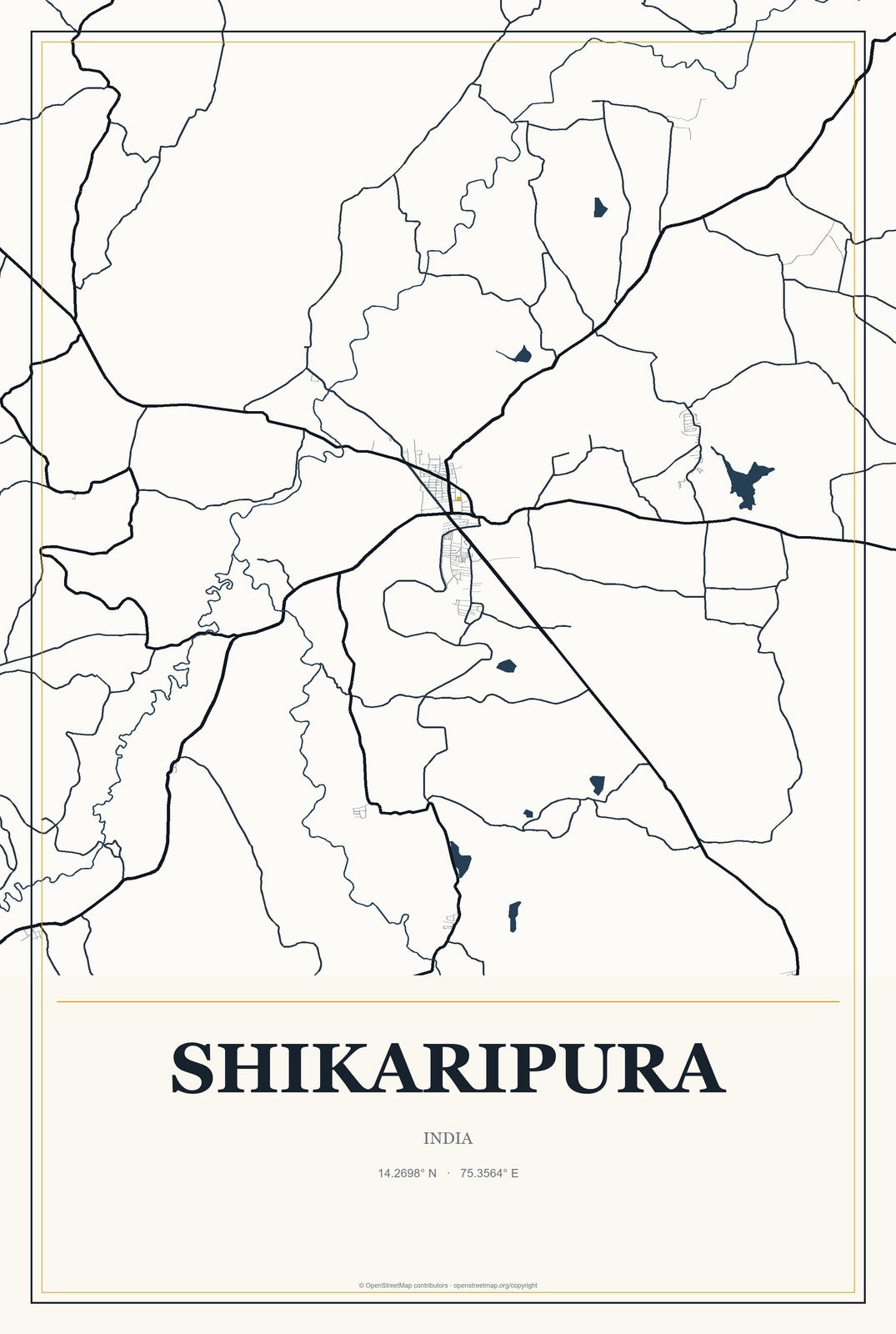 Shikaripura, India City Map Aluminum Sign in Citrine Modern style
