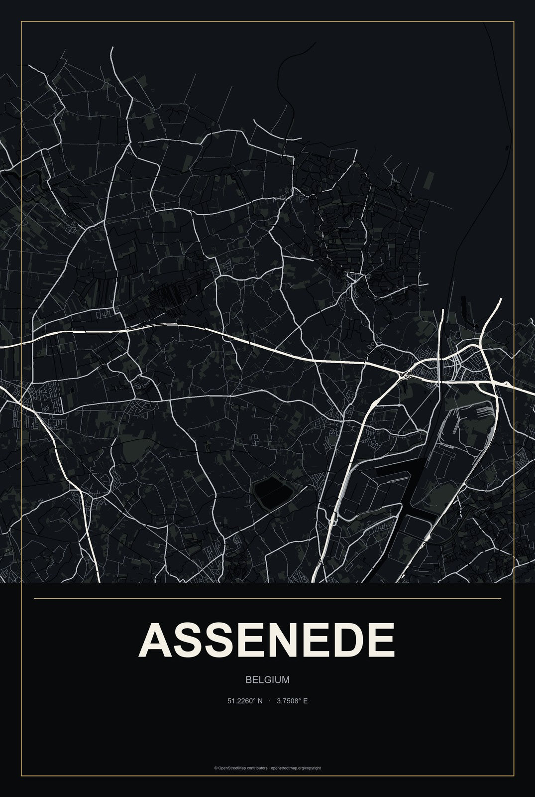 Assenede, Belgium City Map Aluminum Sign in Metropolitan Noir style