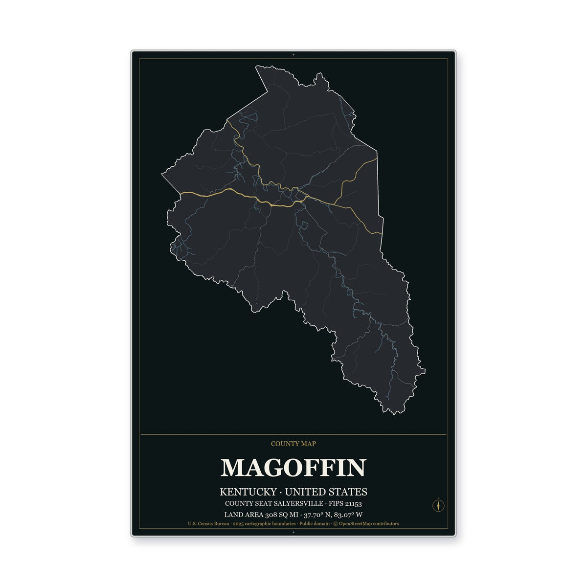 Magoffin County, Kentucky Map Aluminum Sign in Metropolitan Noir style