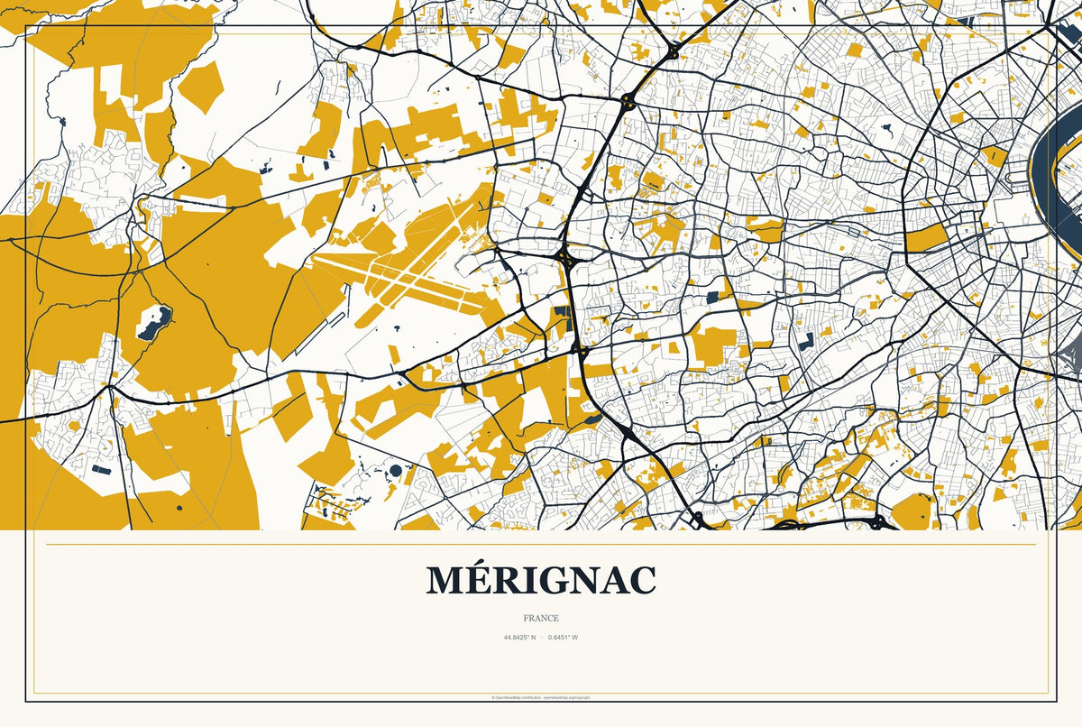 Mérignac, France City Map Aluminum Sign in Citrine Modern style