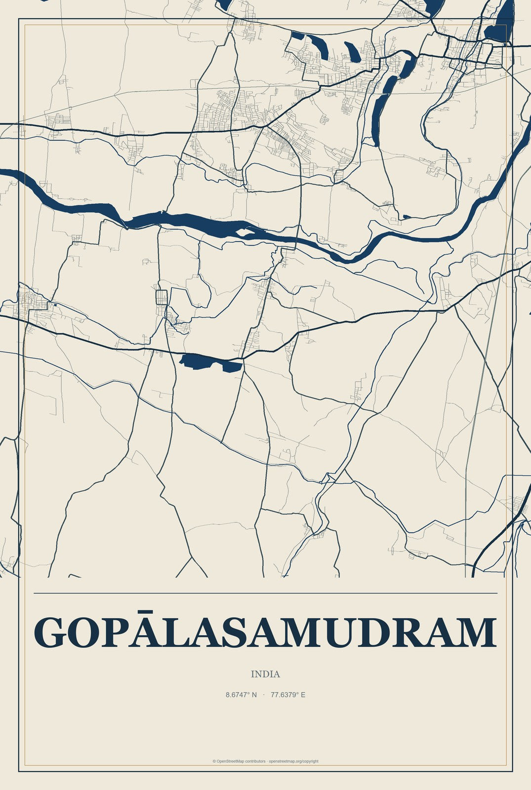 Gopālasamudram, India City Map Aluminum Sign in Coastal Cutout style
