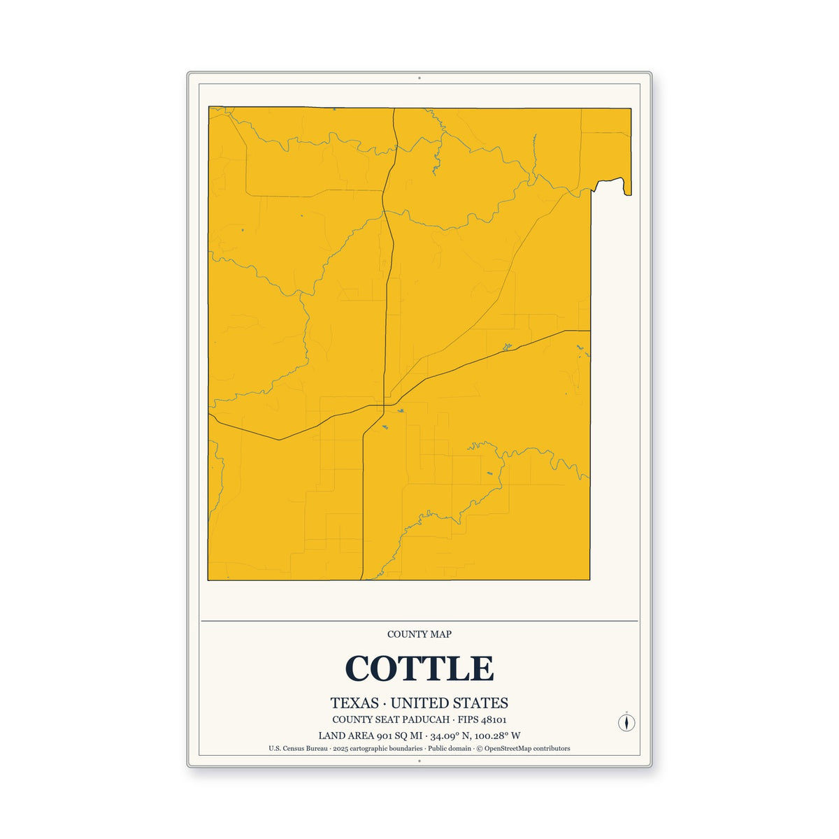 Cottle County, Texas Map Aluminum Sign in Citrine Modern style