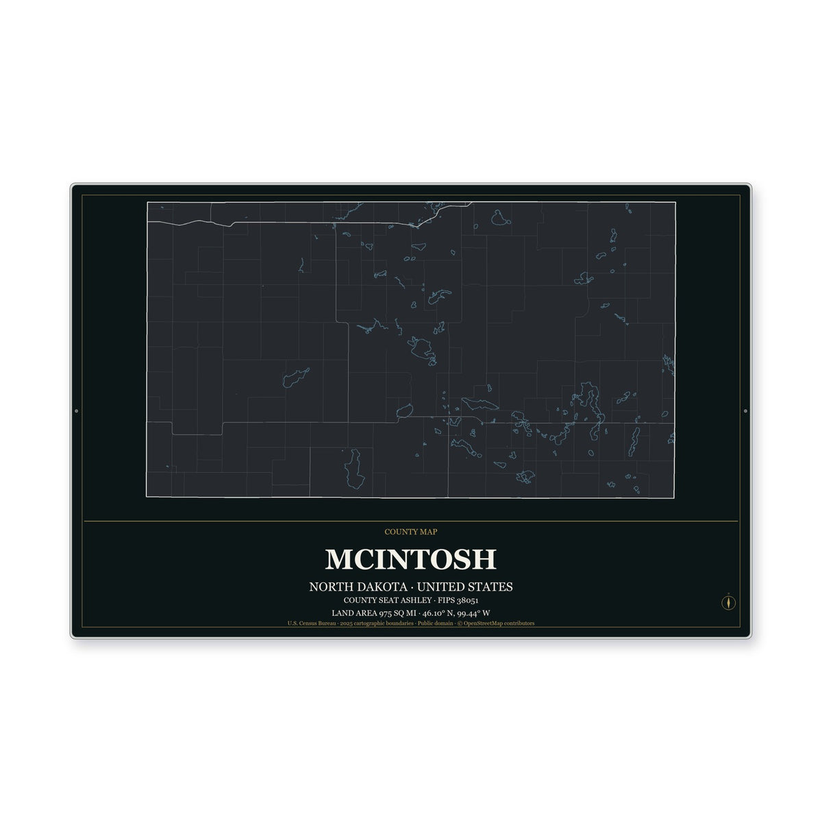 McIntosh County, North Dakota Map Aluminum Sign in Metropolitan Noir style