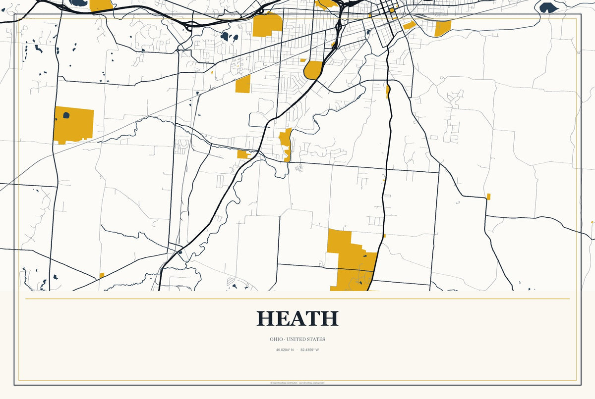 Heath, Ohio City Map Aluminum Sign in Citrine Modern style