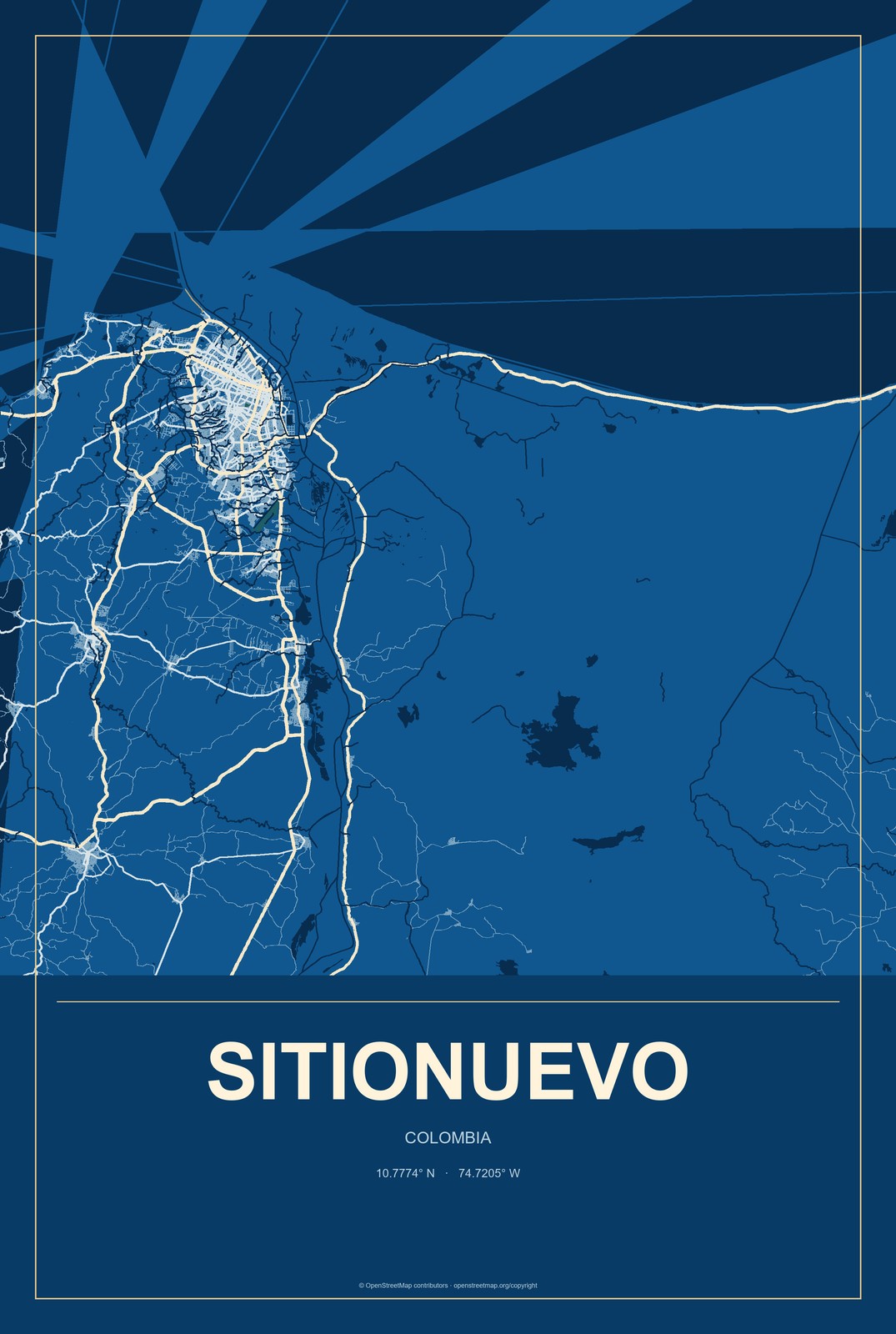Sitionuevo, Colombia City Map Aluminum Sign in Harbor Cobalt style