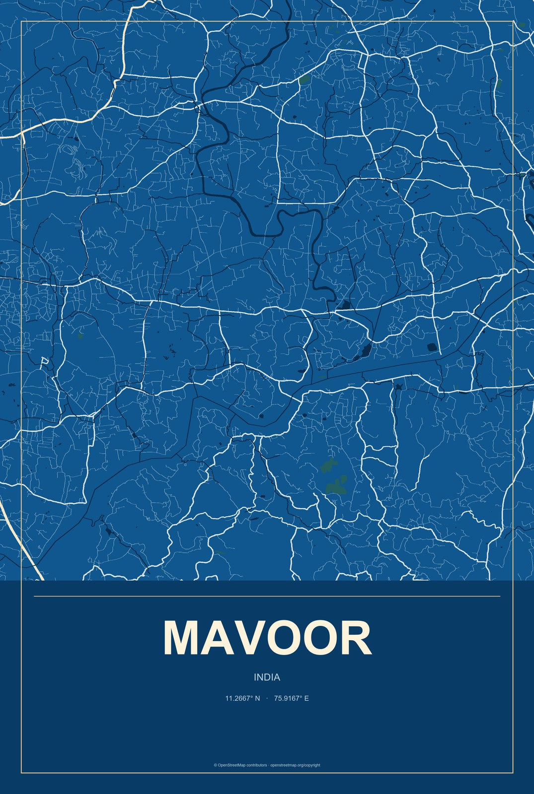 Mavoor, India City Map Aluminum Sign in Harbor Cobalt style